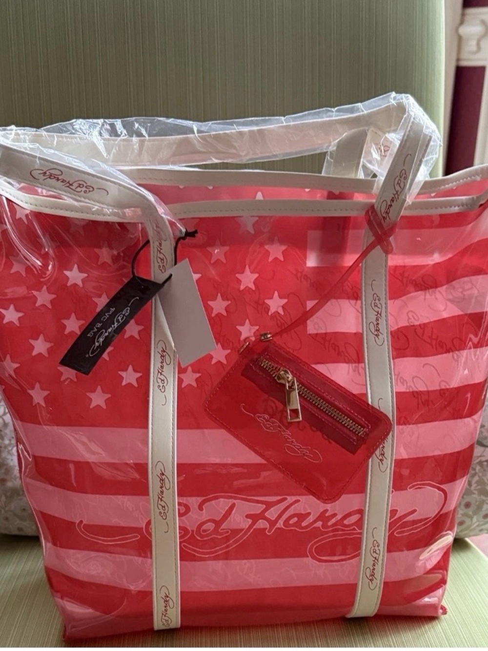 Ed Hardy Red and White Star-Stripe Clear Tote with Branded Trim